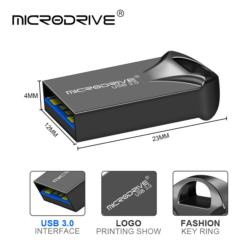 Pen Drive mini USB 3.0 128GB 64GB 32GB 16GB, memória flash de alta velocidade USB3.0, pequeno disco U com chaveiro