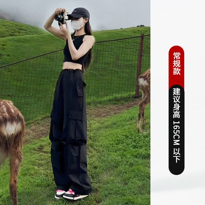 Black American Workwear Pants Women's Loose Straight Leg Casual Wide Leg Pants Cool Windbreaker Sports Pants Autumn Winter Sp...