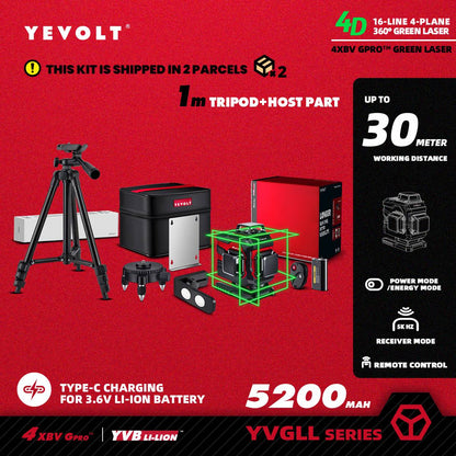 Nível a Laser Verde YEVOLT YVGLL4XS16 Series 4 Planos 16 Linhas Autonivelante 360 3D Ferramentas de Medição de Potência Horizontal e Vertical