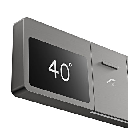 Sistema de chuveiro de teto luxuoso em latão cinza escuro com temperatura constante e display digital LED de água quente e fria, torneira de banheiro embutida