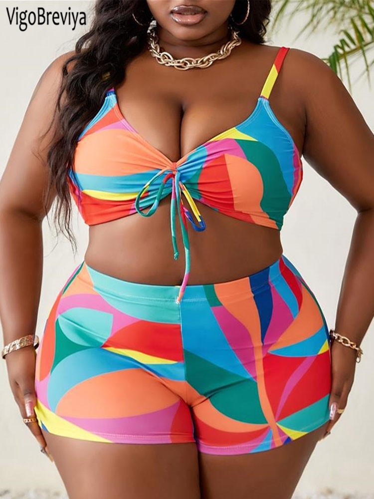 VigoBreviya 2025 Print 3 Piece Plus Size Mesh Cove Up Bikini Set Women High Waist Curvy Swimsuit Beach Lady Big Bathing Suit