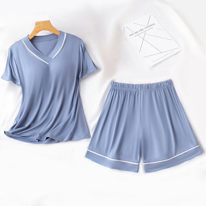 Sexy Nightwear Women Short Sleeves and Shorts with Chest Pads Pajamas Two-Piece Set of Comfortable Solid-Coloured Student Home W