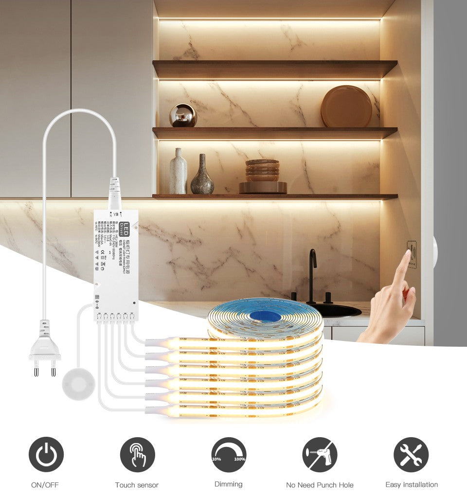 Smart Dimmable COB LED Strip Touch Sensor Lights for Kitchen Room Cabinet Wall Ceiling Backlight Christmas Decoration Lighting
