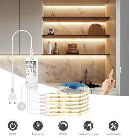 Smart Dimmable COB LED Strip Touch Sensor Lights for Kitchen Room Cabinet Wall Ceiling Backlight Christmas Decoration Lighting
