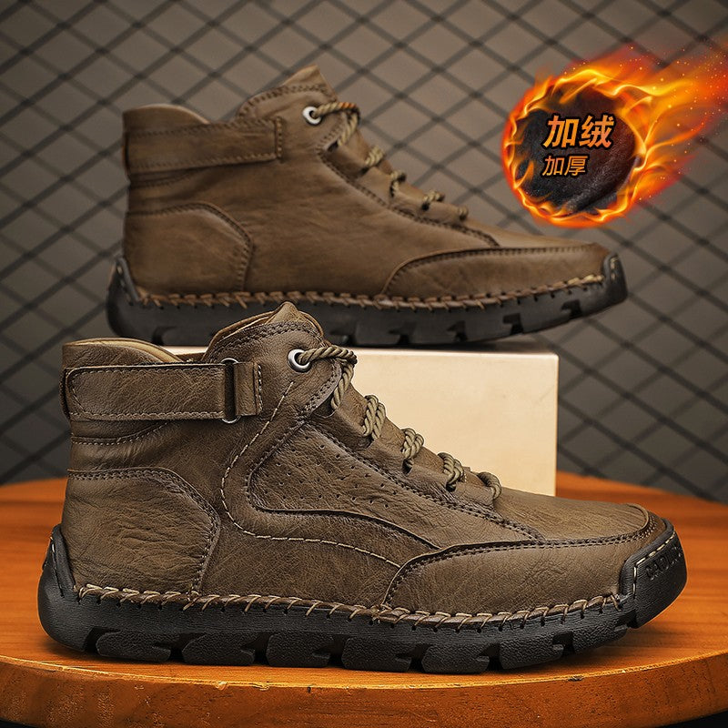 Botas masculinas costuradas à mão, sapatos casuais plus size, botas confortáveis e macias, botas antiderrapantes para uso externo