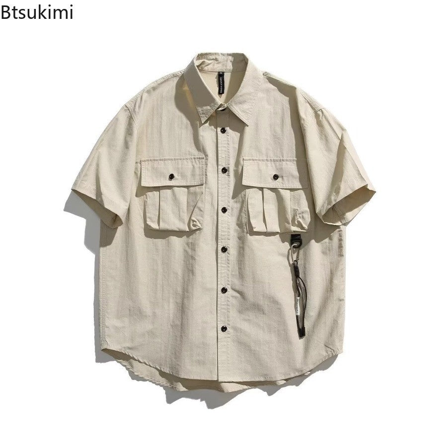 Men's Japanese Style Cargo Shirts Vintage Laple Short Sleeve Shirts 2025 Spring Summer Loose Casual Shirt Jacket Male Streetwear