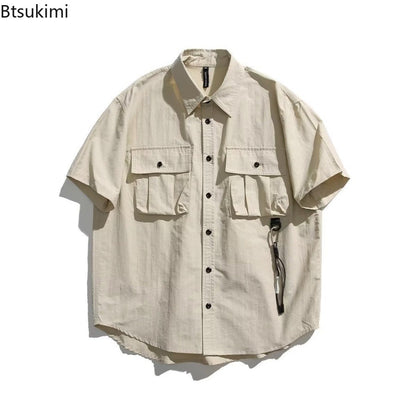 Men's Japanese Style Cargo Shirts Vintage Laple Short Sleeve Shirts 2025 Spring Summer Loose Casual Shirt Jacket Male Streetwear