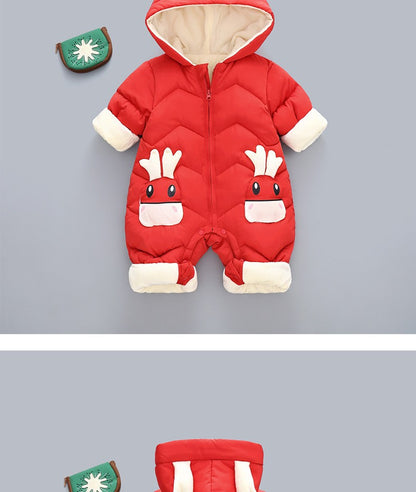 Demin-season Winter Kids Boys Rompers 2025 Cartoon Pockets Hooded Bodysuit For 0-3Y Newborn Infant Babys Boys One-piece Jumpsuit