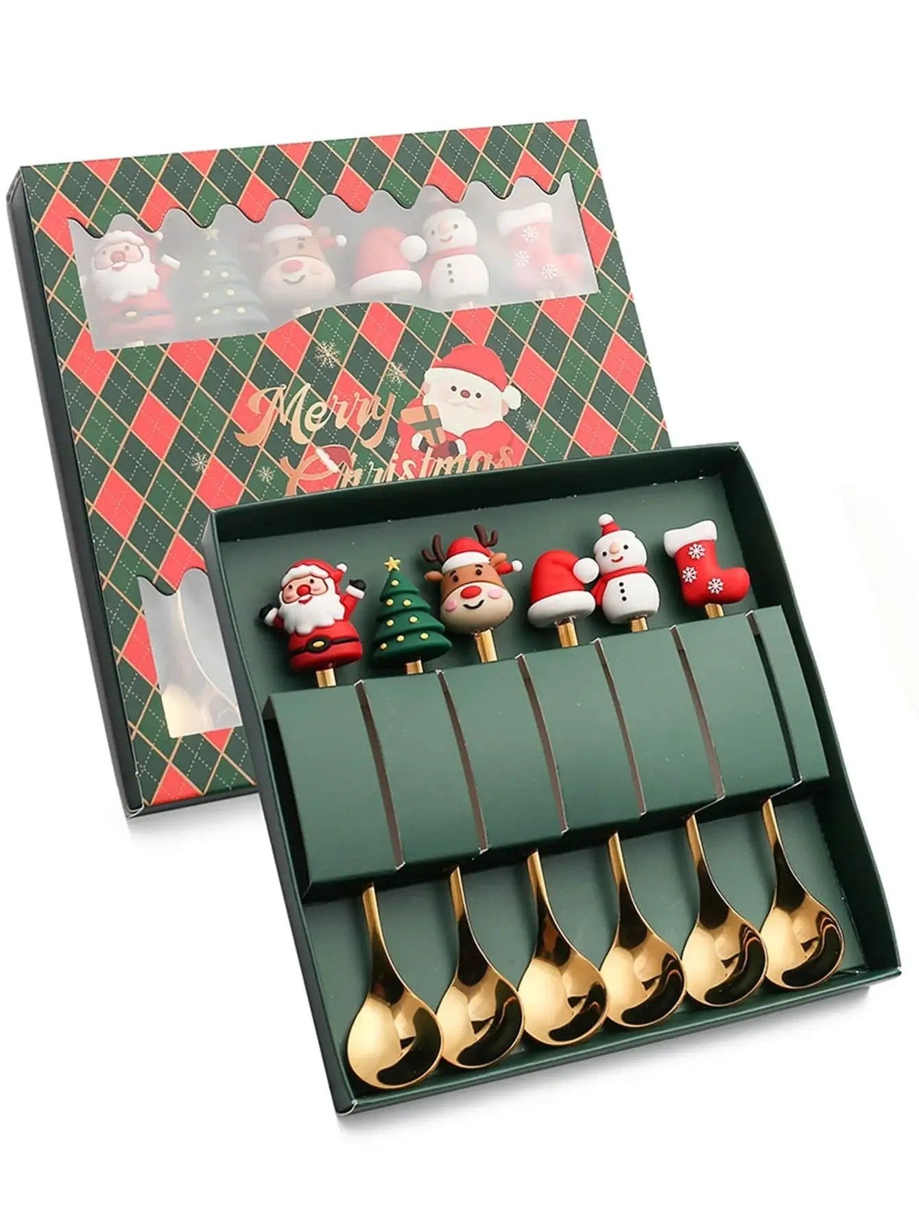 Conjunto de 6 Garfos e Colheres de Natal em Aço Inoxidável, Talheres Criativos para Café, Chá, Sobremesa, Conjunto de Presente
