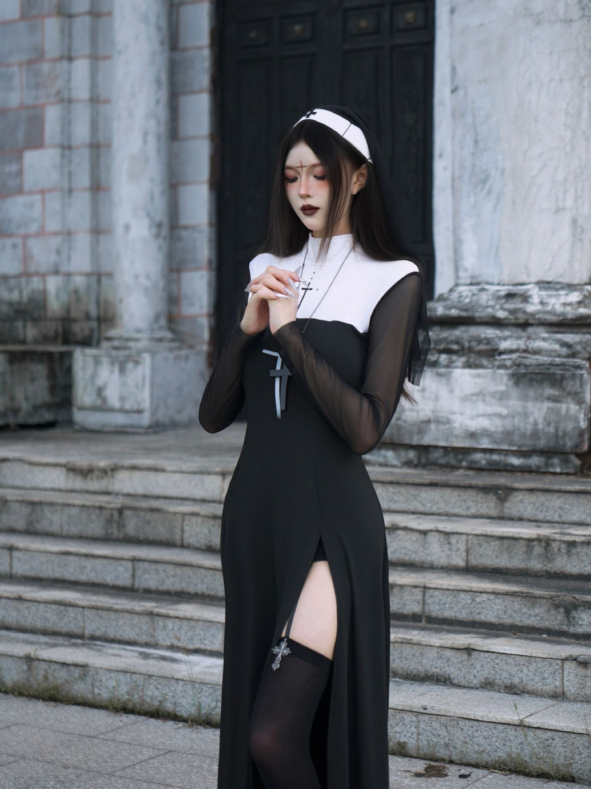 Sexy Nun Cosplay Costume Gothic Black Split Long Dress with Head Veil Halloween Carnival Party Fancy Dress for Women Nun