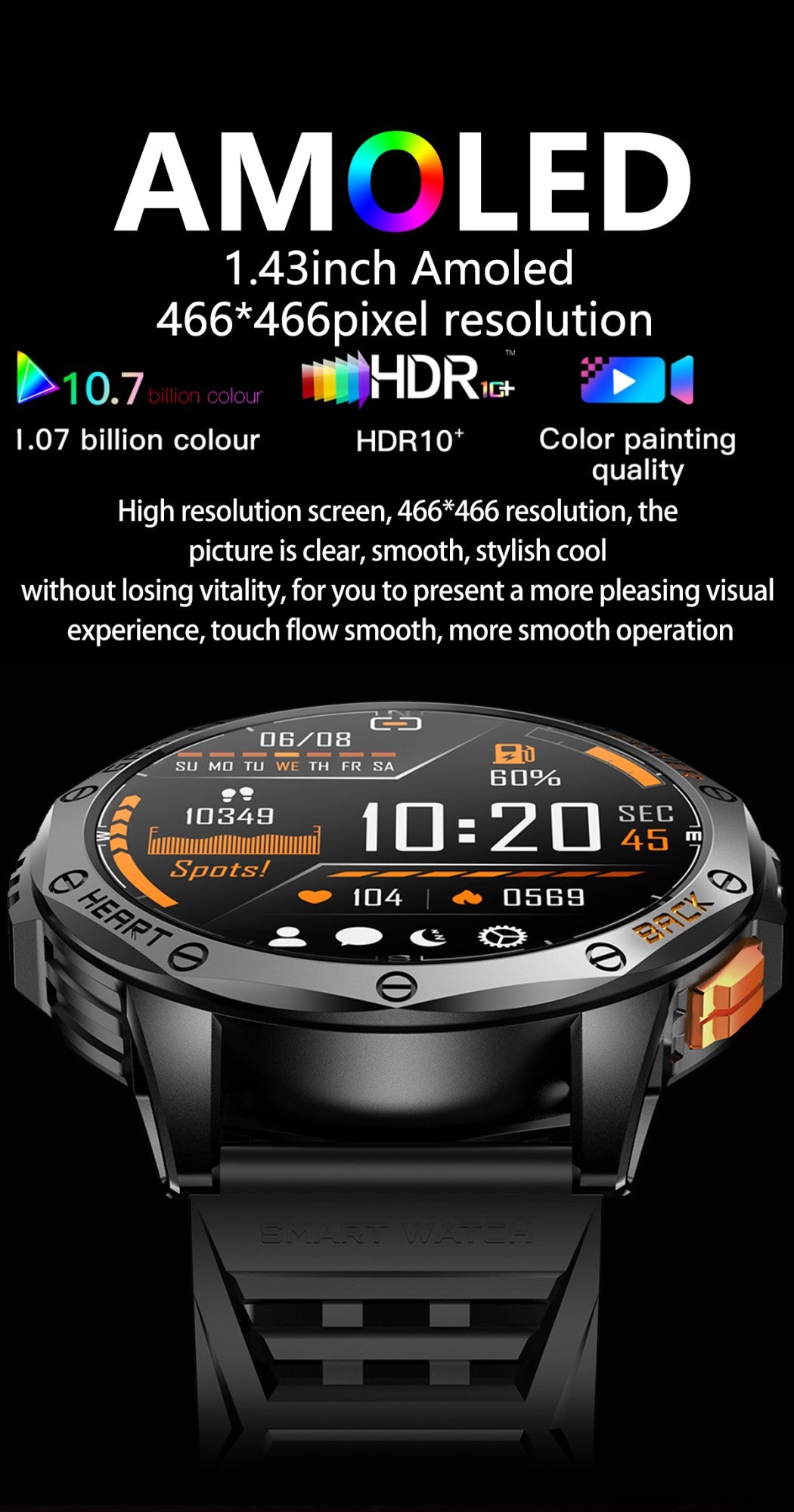 Smartwatch LIGE Novo para Esportes ao Ar Livre com GPS, Bússola, Tela AMOLED de 1.43", Bateria de 530mAh, Monitor Cardíaco, Chamadas Bluetooth e À Prova D'Água