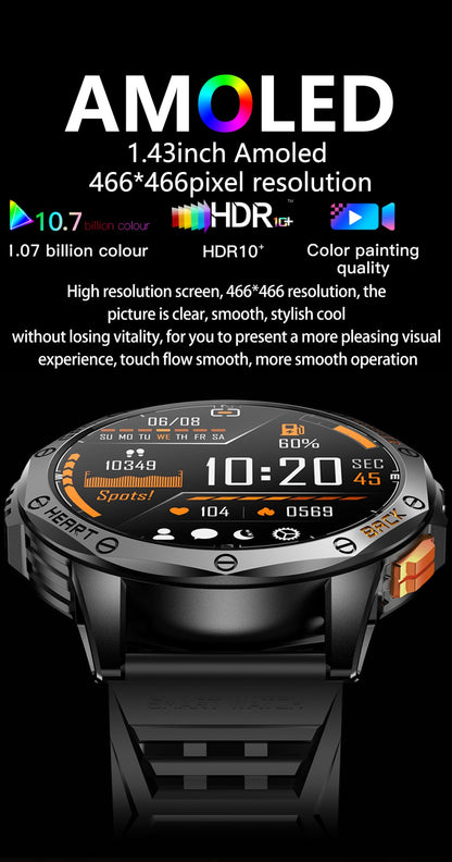 Smartwatch LIGE Novo para Esportes ao Ar Livre com GPS, Bússola, Tela AMOLED de 1.43", Bateria de 530mAh, Monitor Cardíaco, Chamadas Bluetooth e À Prova D'Água