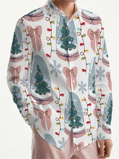 Christmas Men's 3D Printed Formal Shirt Santa Claus Elk Pattern Long Sleeve Shirt Fashion Men's Shirt