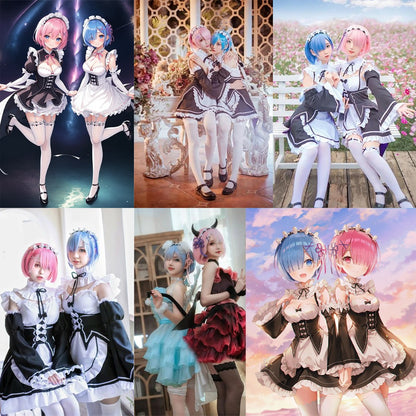 High-Quality Anime Ram Rem Cosplay Synthetic Hair 12-Inch Blue And Pink Short Halloween Daily Party Heat-Resistant Wig Natural