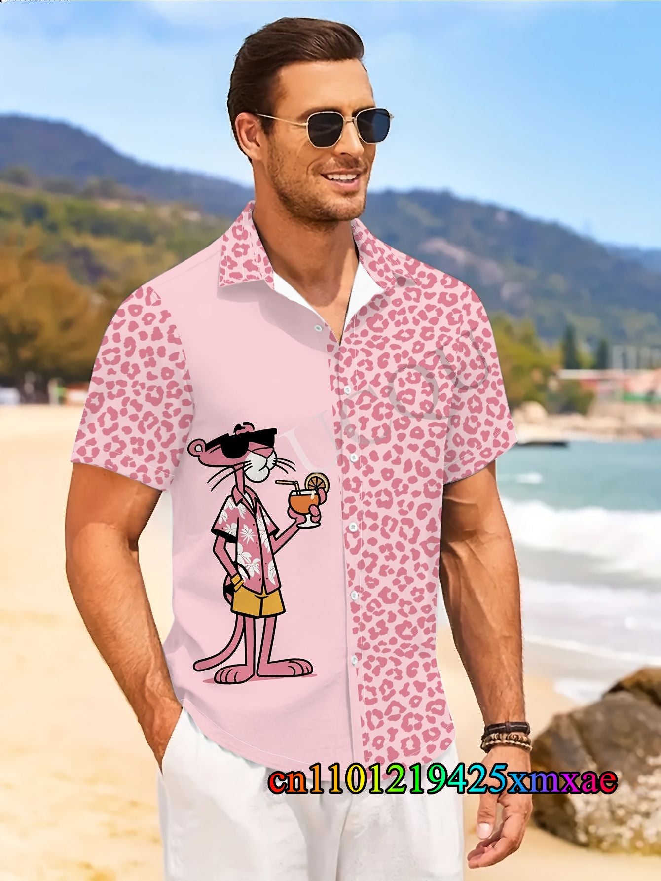 Summer New Men's Lapel Short Sleeve Hawaiian Shirt Leopard & Pink Panther Print Hawaii Vacation Casual Fashion Kids/Adult Tops