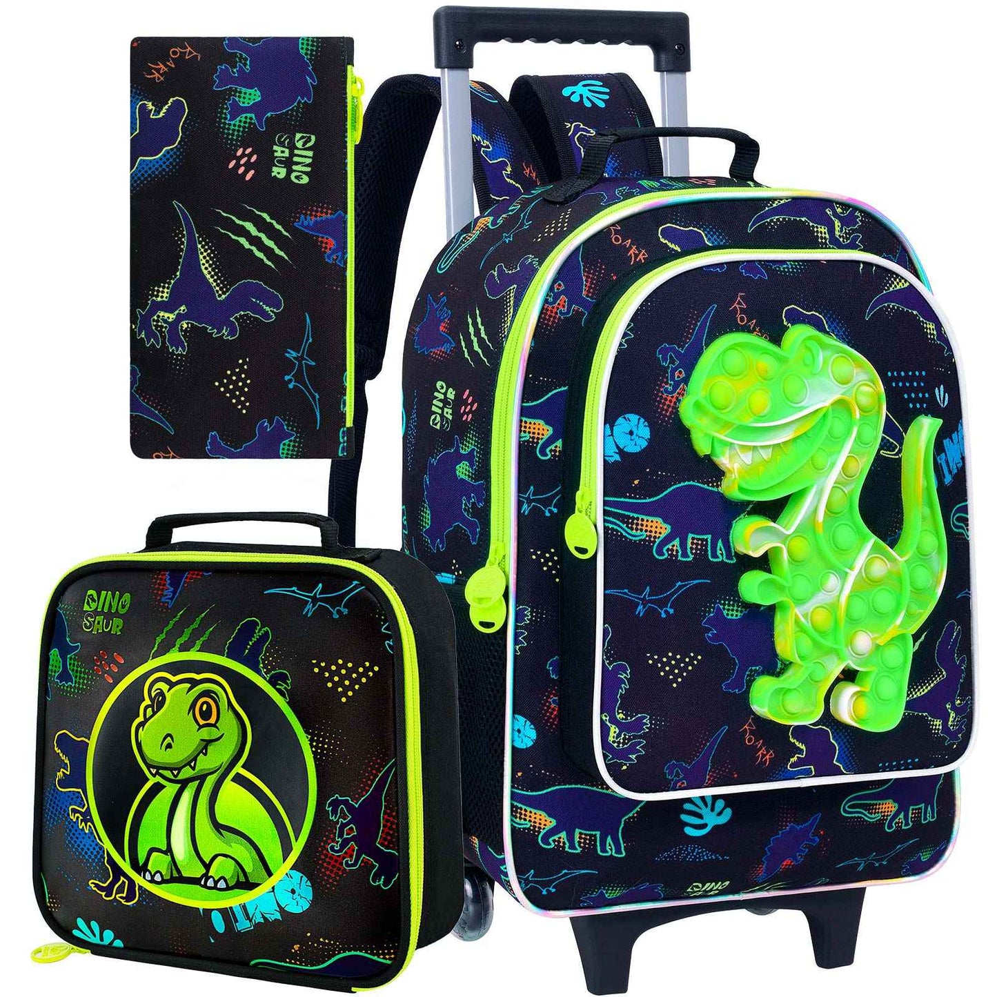 Mochila de Rodinhas 3 Peças para Meninos, Mochila Escolar com Rodas para Crianças, Mochila com Rodas e Lancheira