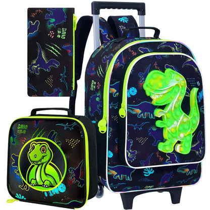 Mochila de Rodinhas 3 Peças para Meninos, Mochila Escolar com Rodas para Crianças, Mochila com Rodas e Lancheira