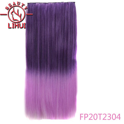 Extensões de cabelo sintéticas com clipe, longas e lisas, com 5 clipes em uma única peça, extensões de cabelo multicoloridas LIHUI