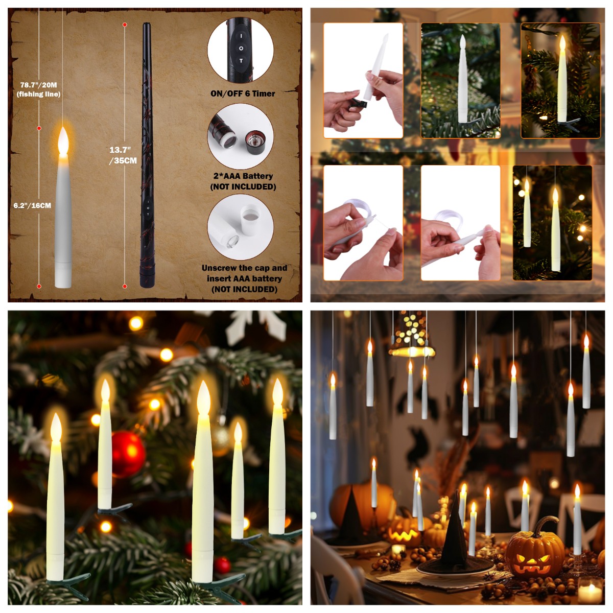 Flameless LED Taper Candles Christmas Tree Electric Candle Lights Mini Taper Clip-On Candles with Remote Timer for Wedding Decor