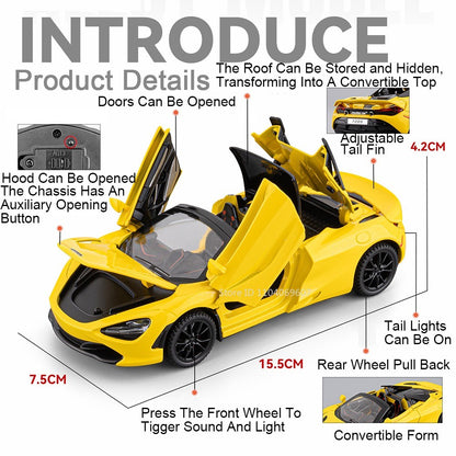 1:32 720S F1 Modelo Miniatura Carros Esportivos Liga Fundida Ornamento Supercarros Som Luz Portas Abertas Puxar Para Trás Presentes Infantis