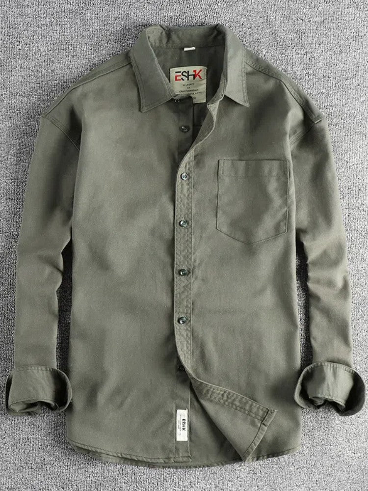 2025 Spring New Japanese Retro Long Sleeve Lapel Cotton and Linen Cargo Shirt Men's Simple Single Pocket Casual Loose Blouses