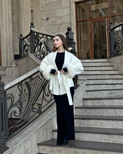 American Fashionable V-neck Lapel Furry Sleeves Lace-up Long-sleeved Woolen Coat Elegant Lace-up Long-sleeved Wool Coat