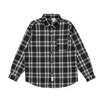 Japanese Cargo Shirt Men Women Vintage Black White Checkered Loose Long-sleeved Tops Spring Casual Lapel Unisex Oversize Shirts