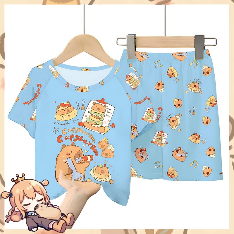 2pc Capybara Kids Pajama Set 5-14 Years, Summer Cartoon Short Sleeve Sleepwear with Hamburger Print, Breathable Boys Girls PJs