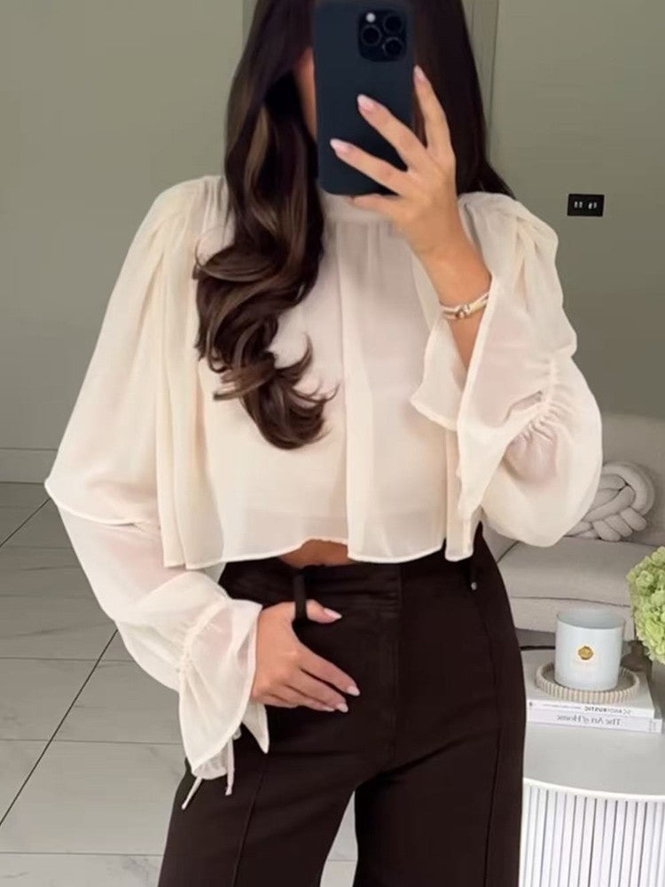 Elegant Women's Tierred Ruffles Blouse Chic Long Sleeve Loose Crop Shirt 2026 Spring New Chic Half High Collar Woman Solid Top
