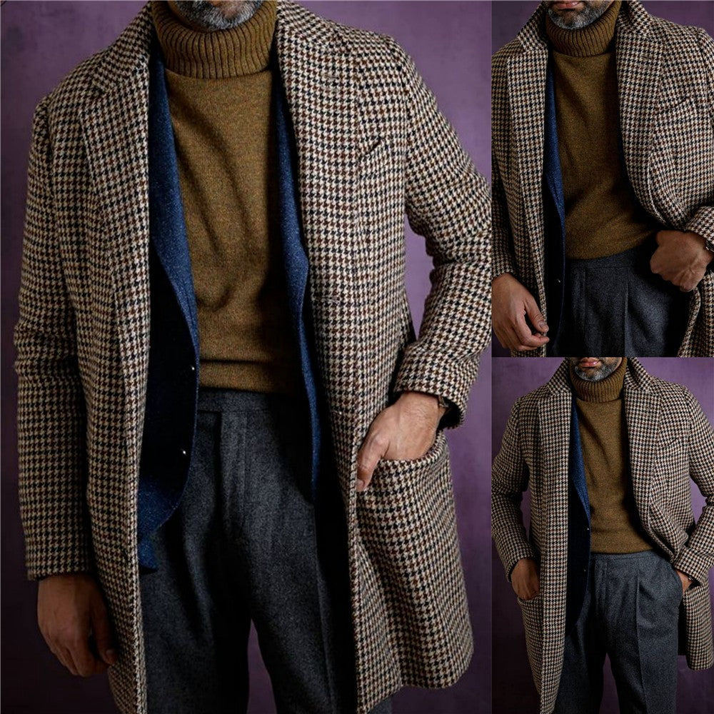 Plaid Men's Overcoat Woolen Warm England Style Double Breasted Thick Loose Mid-Length Casual Trench Winter Coat Male Jacket