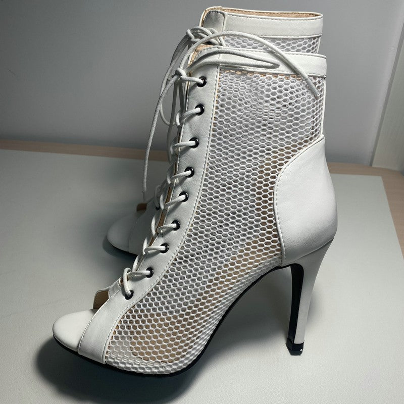 Novas Sandálias Femininas de Salto Alto Sexy Vazadas em Tela Tendência da Moda Verão Conforto Peep Toe Botas Stilettos Jazz Dance Tamanhos Grandes