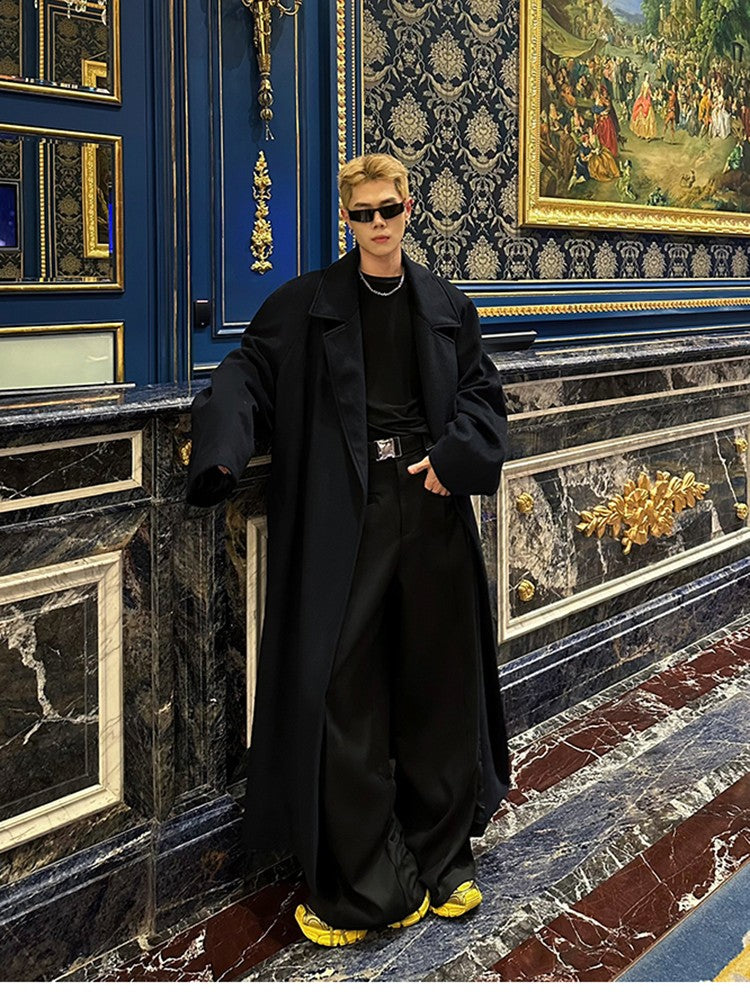 Mauroicardi Autumn Winter Oversized Extra Long Warm Navy Blue Wool Blends Coat Men Loose Luxury Designer Woolen Overcoat 2024