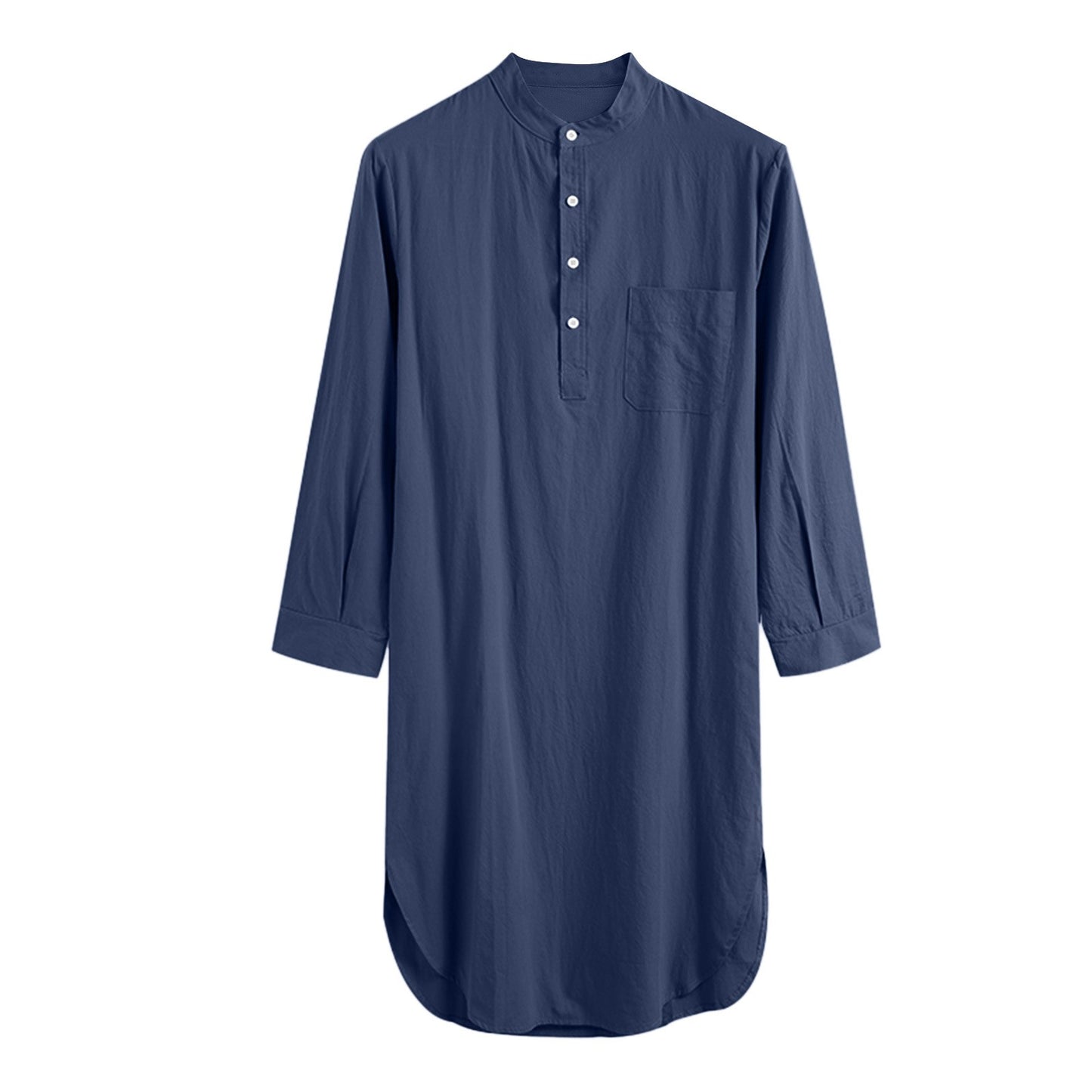 Men's Cotton Button-down Sleep Robe Solid Color Stand Neck Long Sleeve Nightgown Fashion Comfortable Home Wear Loose Bathrobe
