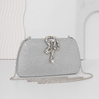 Women’s Luxury Glitter Snake Lock Clutch Elegant Evening Bag Shiny Envelope Bag Handbags Wedding Banquet Party Dress with Chain