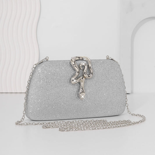 Women’s Luxury Glitter Snake Lock Clutch Elegant Evening Bag Shiny Envelope Bag Handbags Wedding Banquet Party Dress with Chain