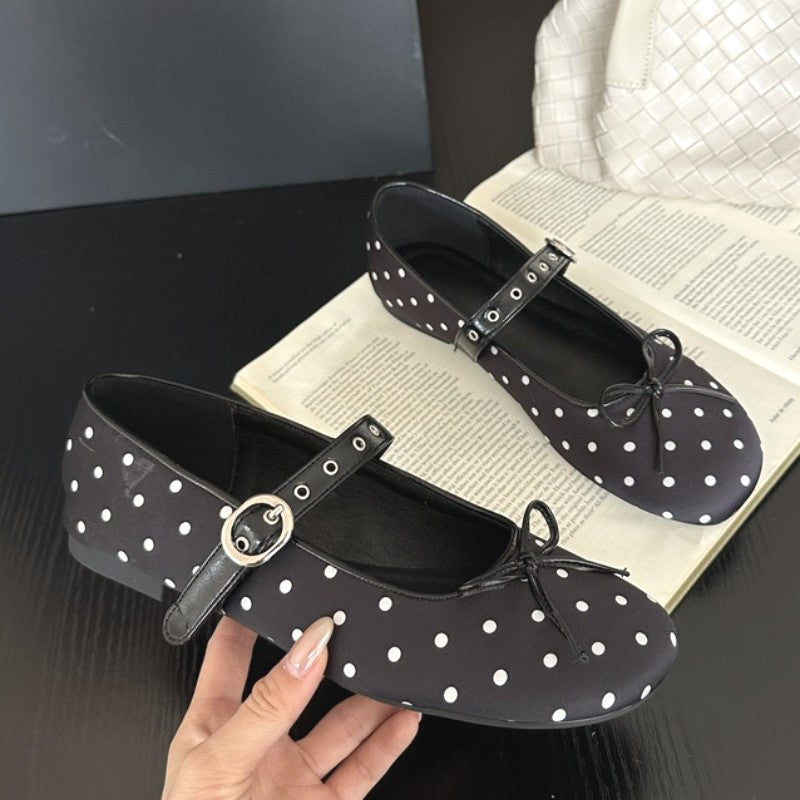 Designer Polka Dot Ballet Flats for Women Sweet Bow Decoration Elegant Mary Jane Shoes Fashion Buckle Shallow Comfort Dress Shoe