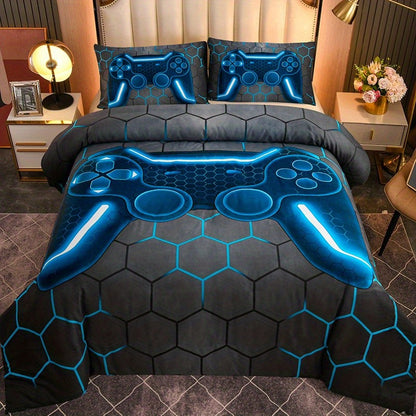 Game Console Duvet Cover Set for Boys Girls 3D Gaming Geometric Lightweight Microfiber Bedding Sets 1*Duvet Cover + 2*Pillowcase