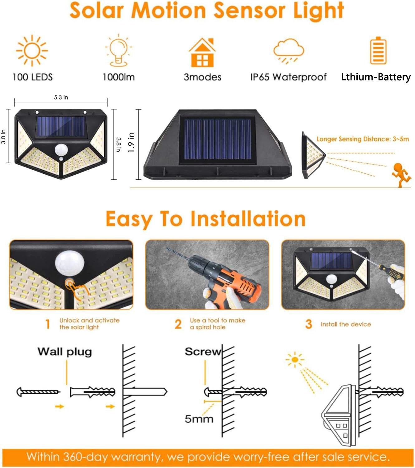 100LED Solar Flood Lights 3 Modes Outdoor Solar Motion Security Solar Light Waterproof for Garden Patio Garage Wall Light