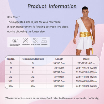 Mens Ancient Greek God Toga Gladiator Costume Roman Emperor One Shoulder Sleeveless Robe Halloween Medieval Warrior Dress Up
