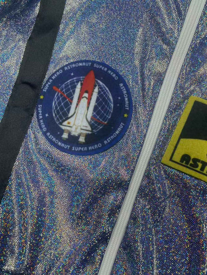 Shimmer silver astronaut jumpsuit with badge decor for kids themed parties and role playing games