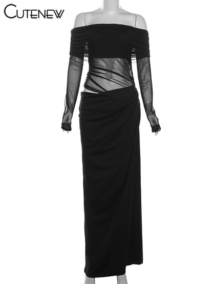 Cutenew Mesh Ruched Women Maxi Dress Sexy See Through Off Shoulder Long Sleeve S