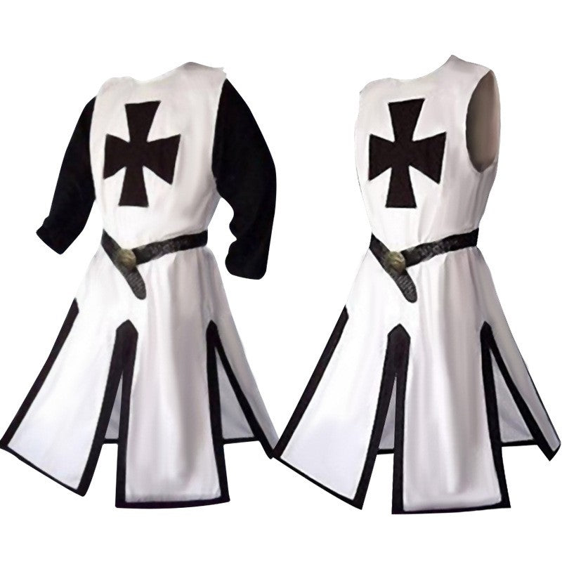Mens Medieval Crusader Knights Templar Tunic Costumes Renaissance Halloween Surcoat Warrior Black Plague Cloak Cosplay Top
