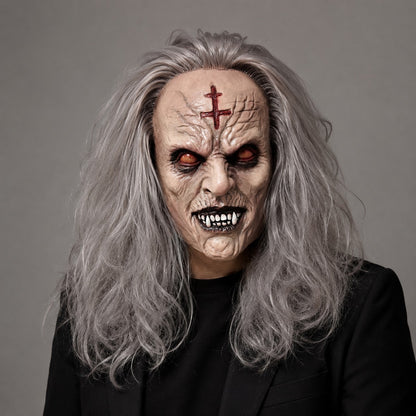 Scary Old Demon Latex Mask Full Head Long Gray Hair Horror Monster Halloween Cosplay Party Prop