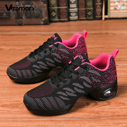 Ladies Modern Fashion Dance Shoes Breathable Mesh Jazz Dancing Shoes Ballroom Training Casual Sports Shoes Knitted Sneakers