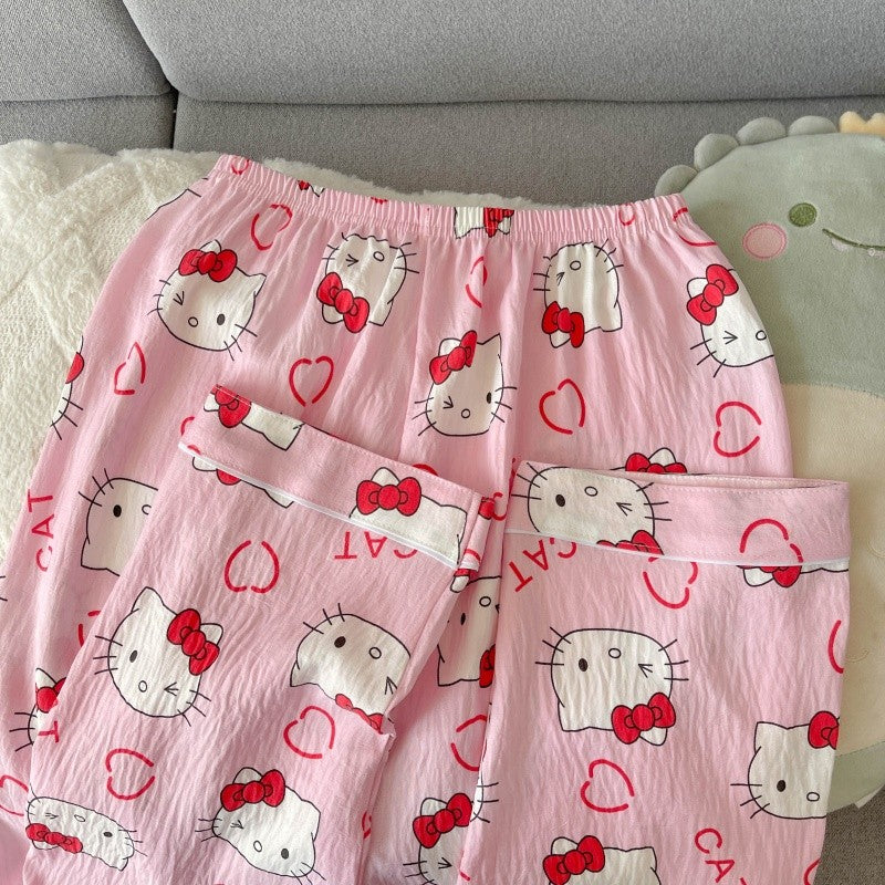 Cartoon Hello Kitty Pajamas Set Women's Autumn Winter Long Sleeve Loungewear Pink Cute Sleepwear Kawaii Soft Homewear Outfit