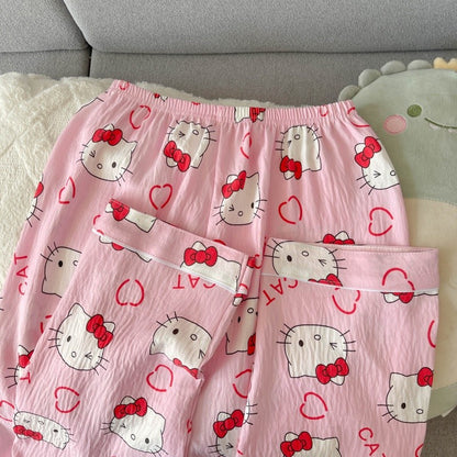 Cartoon Hello Kitty Pajamas Set Women's Autumn Winter Long Sleeve Loungewear Pink Cute Sleepwear Kawaii Soft Homewear Outfit