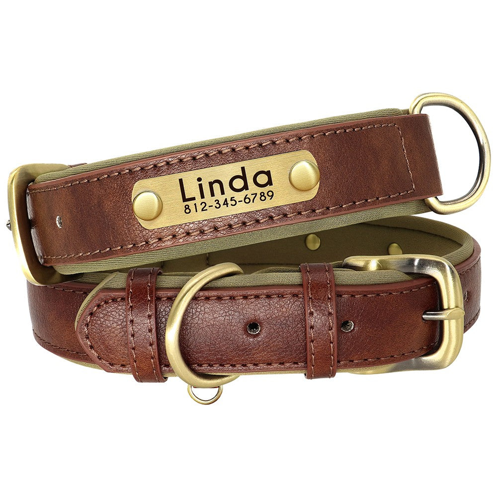 Conjunto Personalizado de Coleira e Guia de Couro para Cães Coleira de Couro Acolchoada Macia para Cães de Pequeno, Médio e Grande Porte com Placa de Identificação Grátis