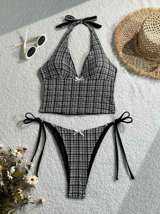 2025 Summer Floral Halter Bikini Women's Sexy Backless Swimwear with Tie Detail Summer Strappy Two Piece Bathing Suit Holiday