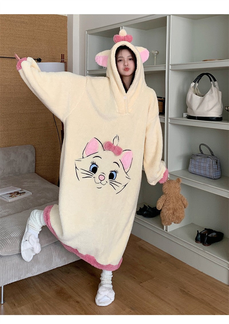 Camisola de Gatinha Marie da Disney Kawaii Desenho Animado Feminino Inverno Veludo Coral Longo Veludo Grosso Solto com Capuz Robe de Banho