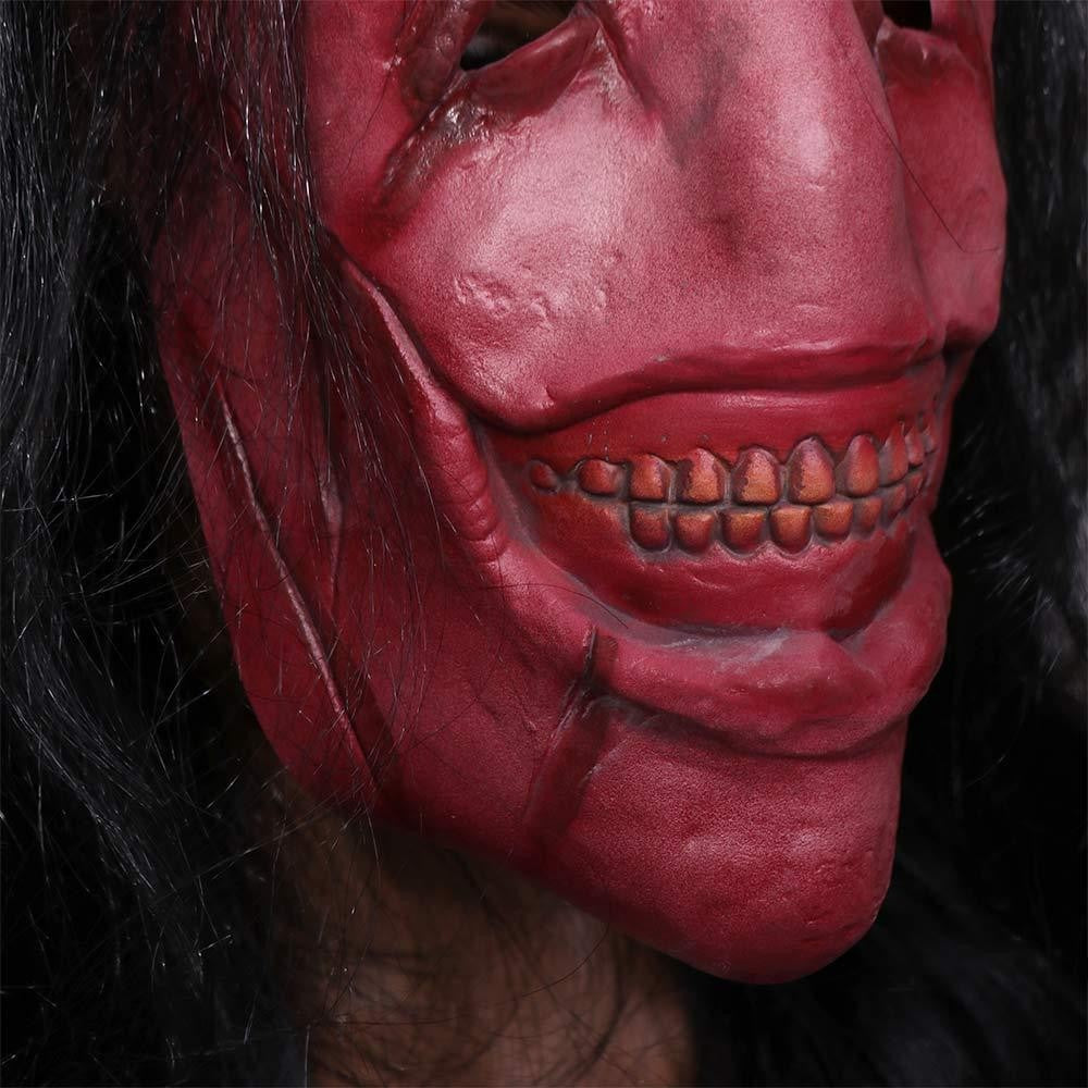 Scary Long Hair Red Face Devil Mask Exposed Teeth Latex Headgear Wig Horror Face Masks Creativity Spooky Scary Demon Mask
